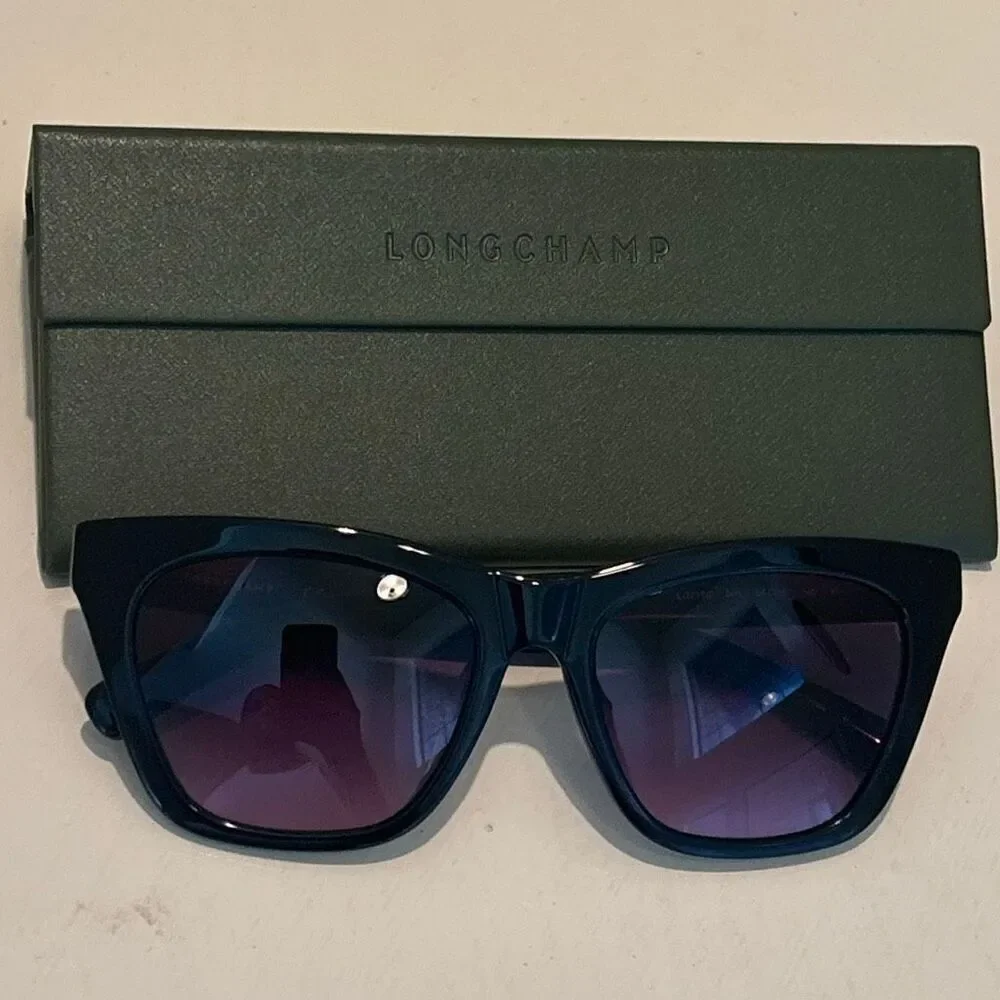 Longchamp Women's LO715S Cateye Frame Sunglasses Black Acetate Square Logo NWT